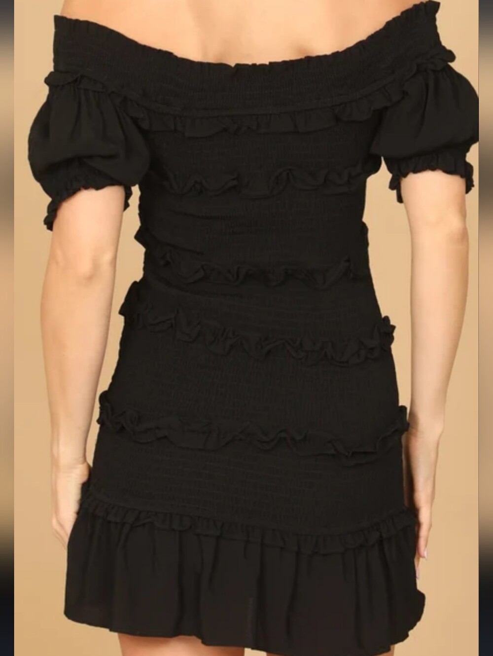 The Impeccable Pig Black Off-Shoulder Ruffle Mini Dress - Picture 1 of 10